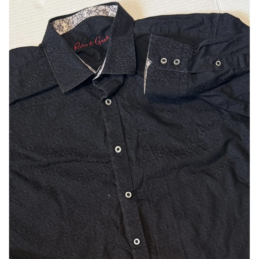 ROBERT GRAHAM - Men's Shirt - Black Paisley Jacquard Long Sleeve Button - 2XL